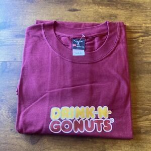 Funny Drink-N-Gonuts Graphic T-Shirt Maroon‎ Hanes Beefy-T XL Parody Beer Tee